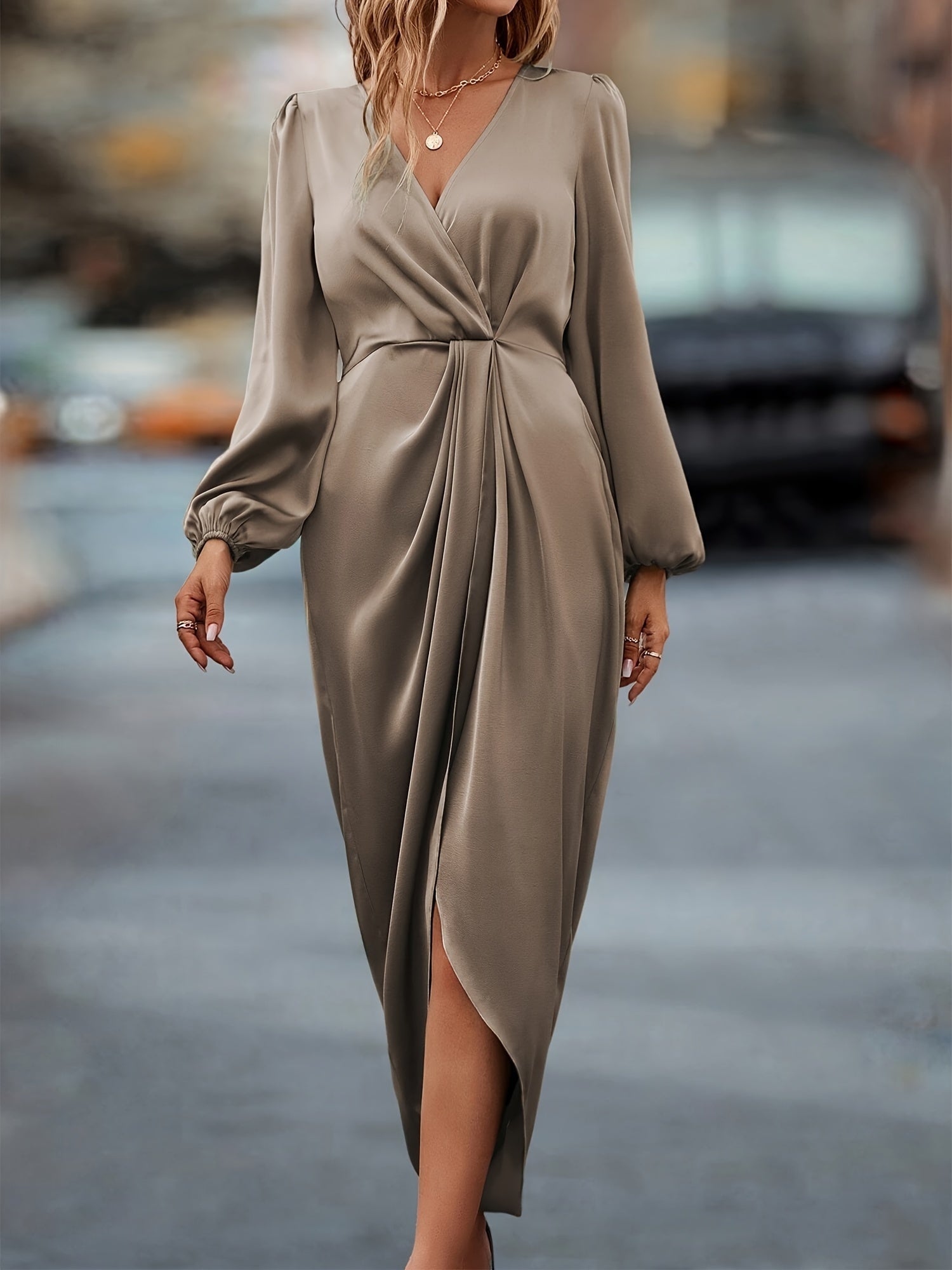 Stijlvolle Katoenen Ruched Jurk met Tailleband voor Dames | Elegante Lange Mouwen Formele Outfit - Winifred