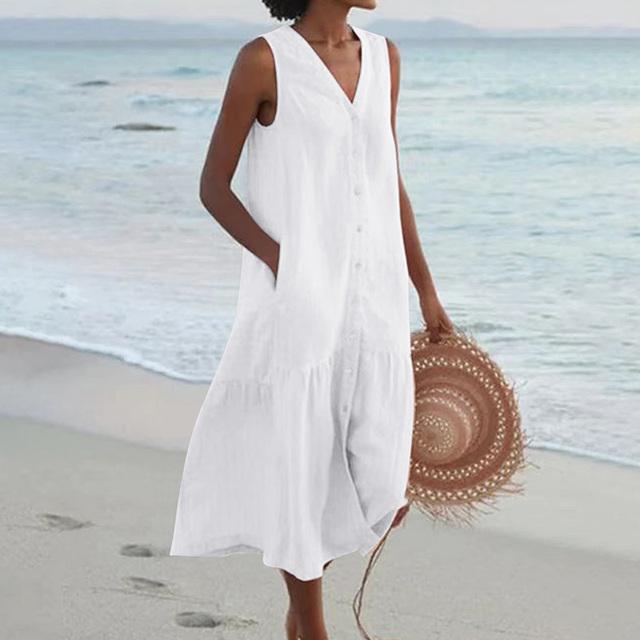 Zachte, Luchtige Mouwloze Linnen Jurk met Knopsluiting | Moeiteloze Zomerse Elegantie - Andy