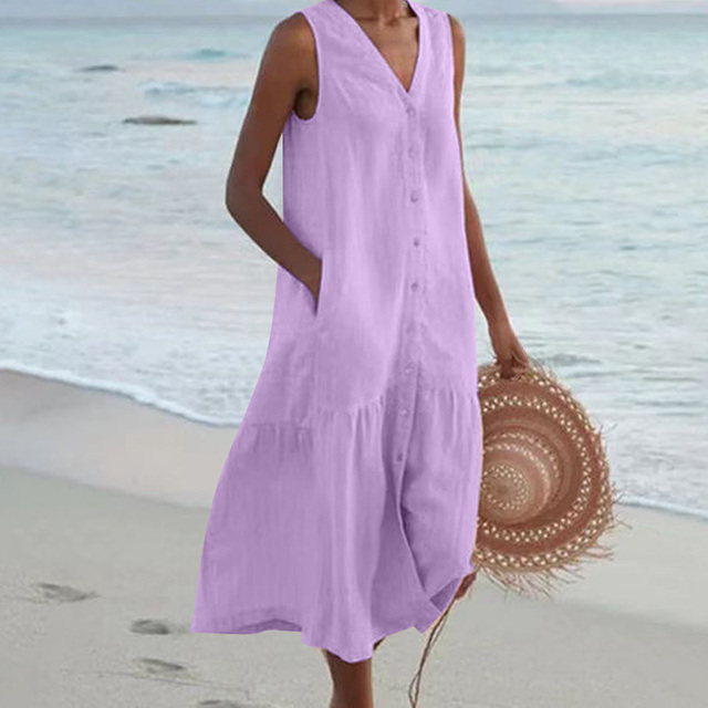Zachte, Luchtige Mouwloze Linnen Jurk met Knopsluiting | Moeiteloze Zomerse Elegantie - Andy