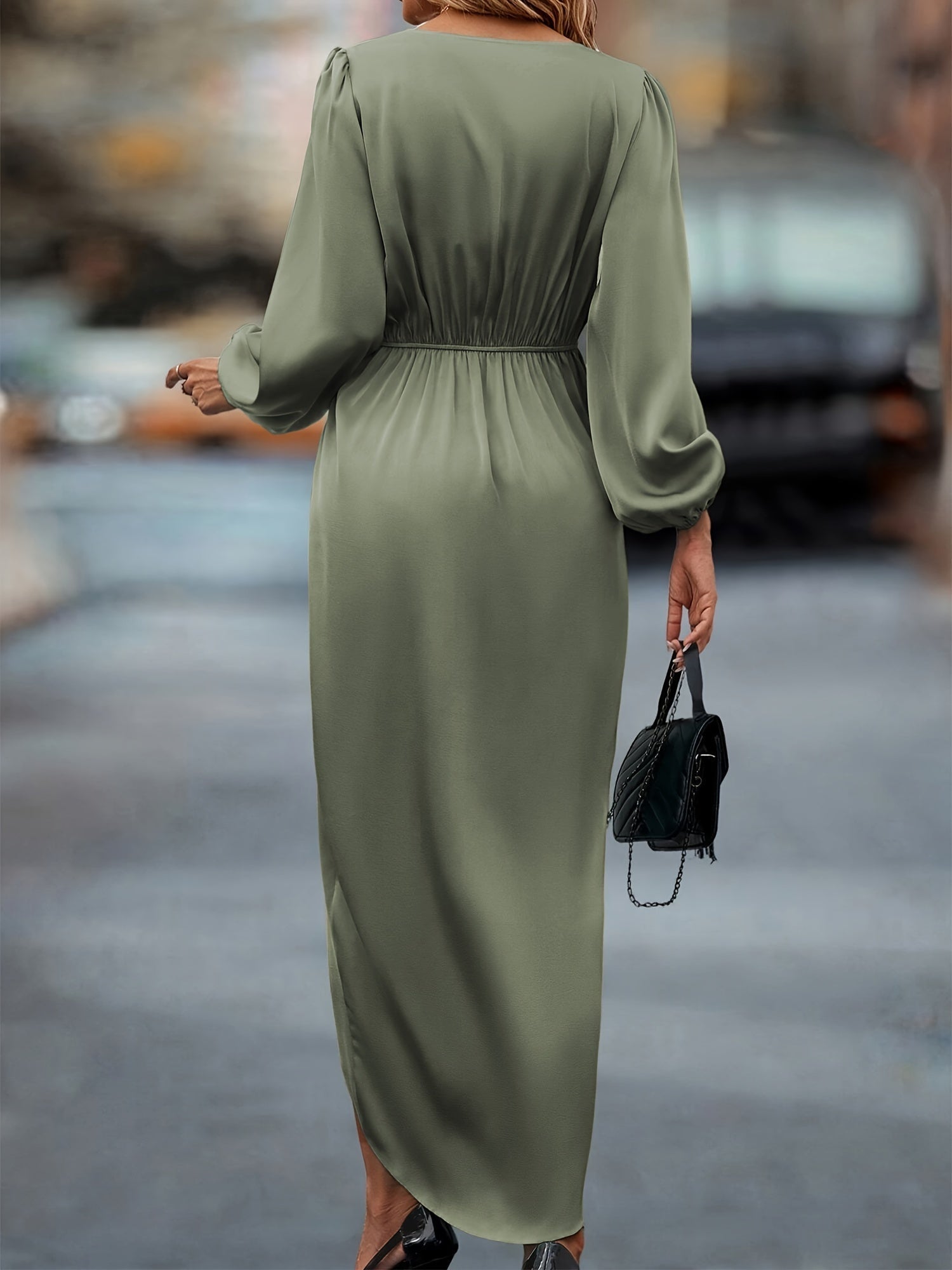 Stijlvolle Katoenen Ruched Jurk met Tailleband voor Dames | Elegante Lange Mouwen Formele Outfit - Winifred