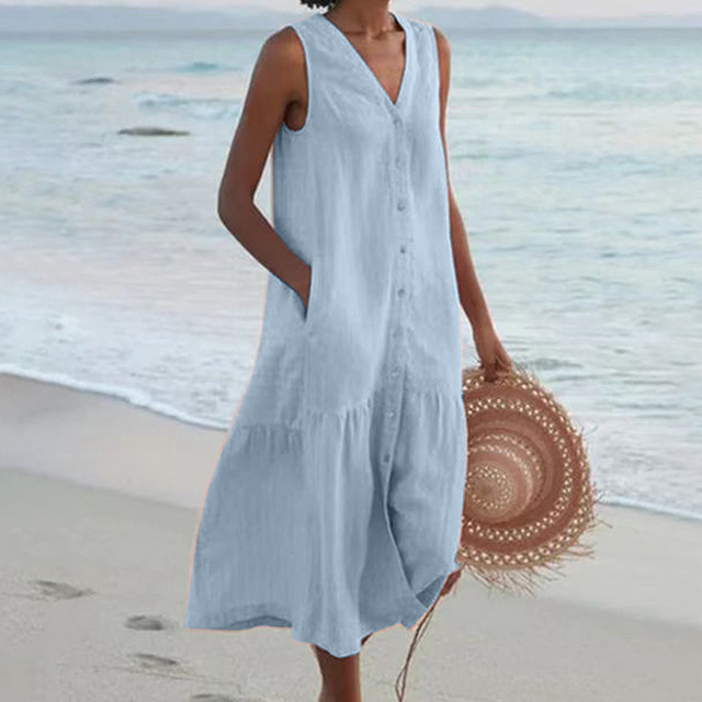 Zachte, Luchtige Mouwloze Linnen Jurk met Knopsluiting | Moeiteloze Zomerse Elegantie - Andy