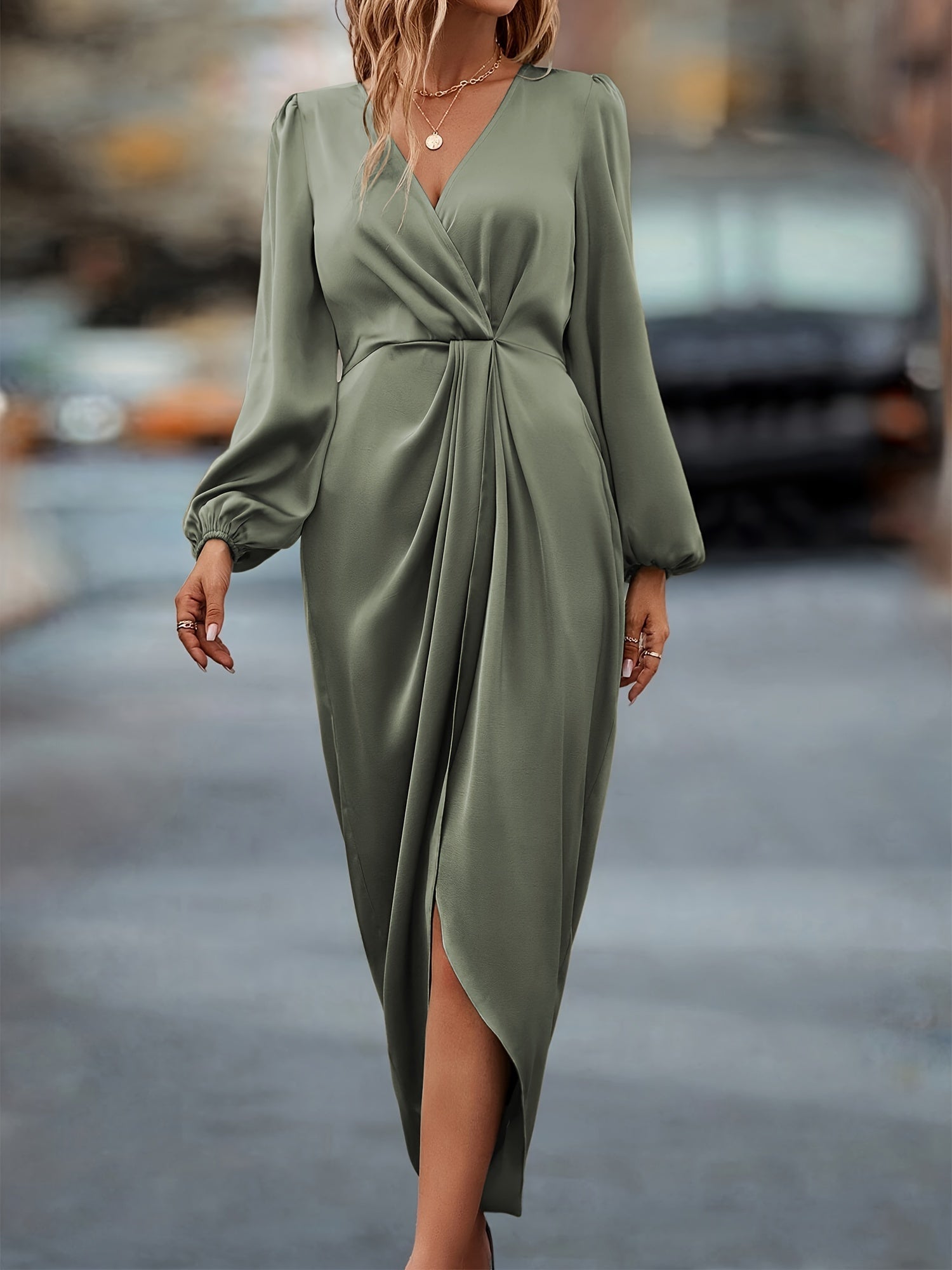 Stijlvolle Katoenen Ruched Jurk met Tailleband voor Dames | Elegante Lange Mouwen Formele Outfit - Winifred