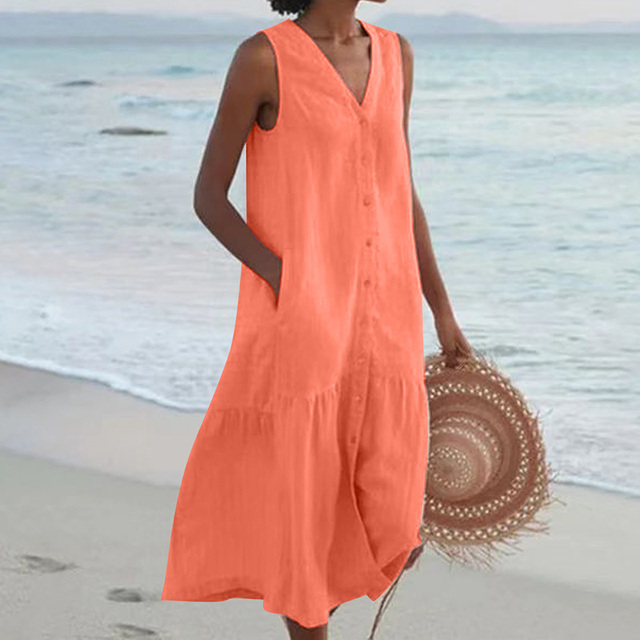 Zachte, Luchtige Mouwloze Linnen Jurk met Knopsluiting | Moeiteloze Zomerse Elegantie - Andy