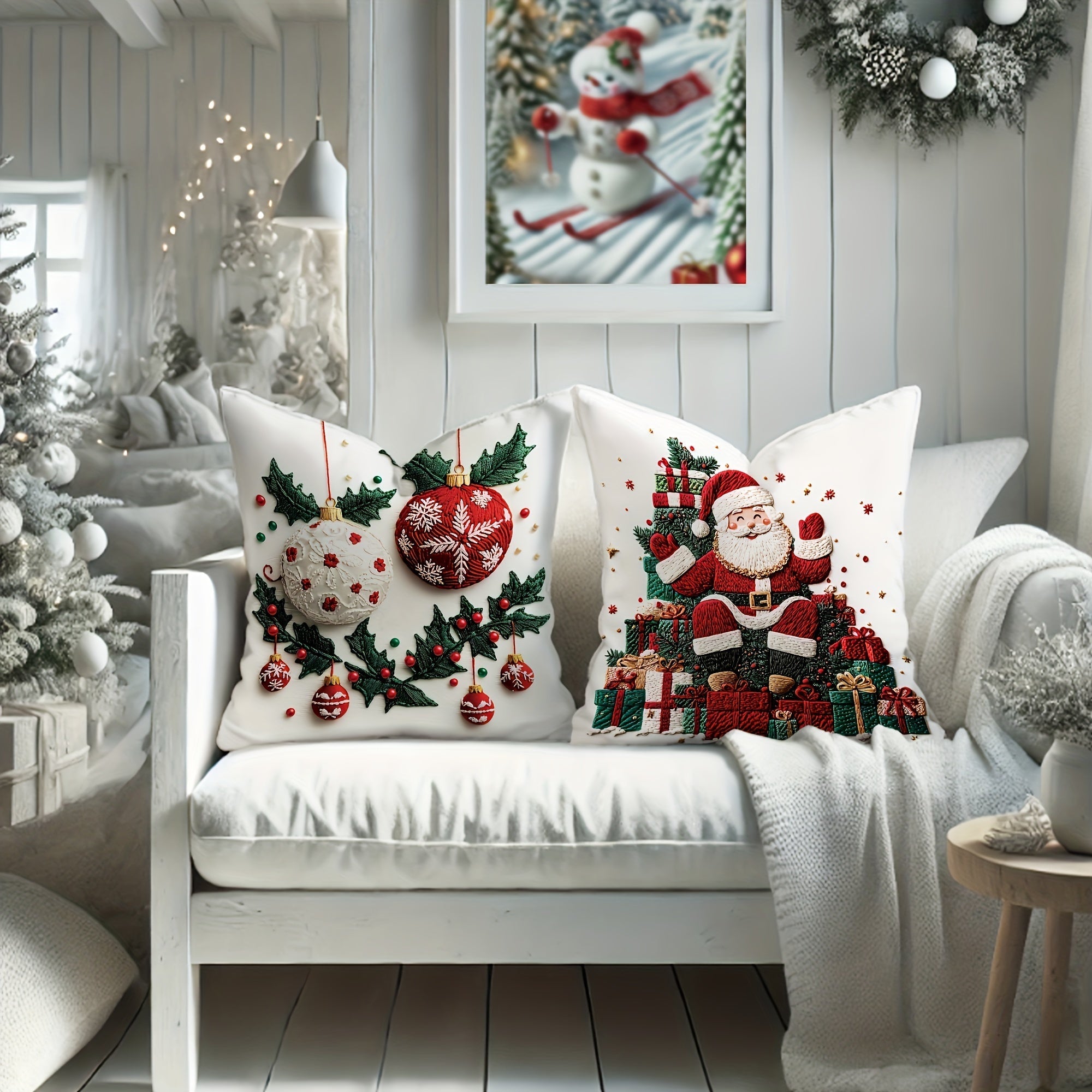 Set van 4 Kerstkussenhoezen met Thema's van de Kerstman en Sneeuwman voor een Feestelijk Kerstfeest - Nachbez