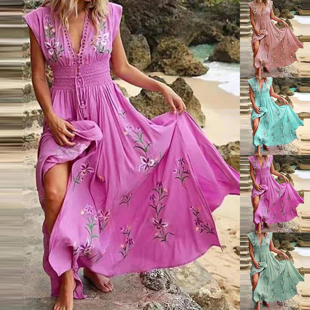 Bohemian V-Hals Zomerjurk  | Elegante en Speelse Midi Jurk voor de Zomer - Angel