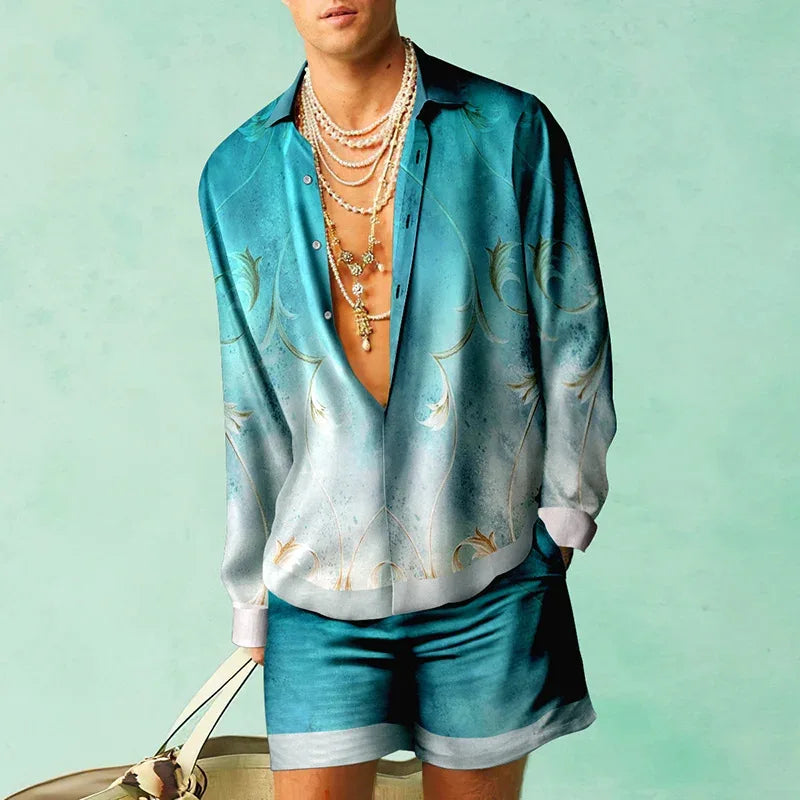 Heren Zomer Hawaï-set | Luxe Zijden Blouse en Shorts voor Vakantie - Barett