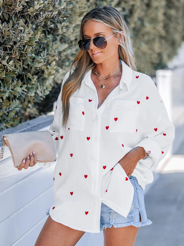 Vrouwelijke Casual Lente Blouse met Geborduurde Hart | Stijlvol & Comfortabel voor Warme Dagen - Duby