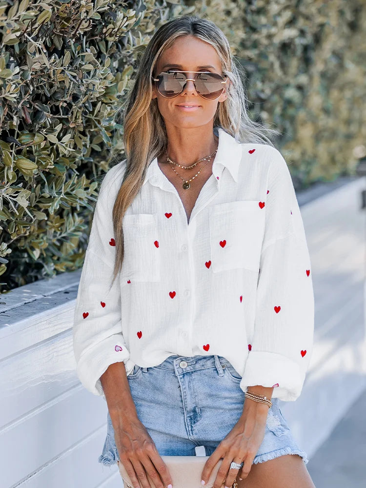 Vrouwelijke Casual Lente Blouse met Geborduurde Hart | Stijlvol & Comfortabel voor Warme Dagen - Duby