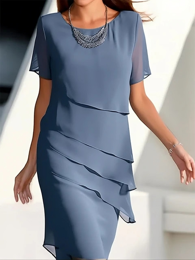 Dames Chiffon Midi Jurk met Korte Mouwen en Ronde Hals | Veelzijdige Elegant voor Elke Gelegenheid - Granily
