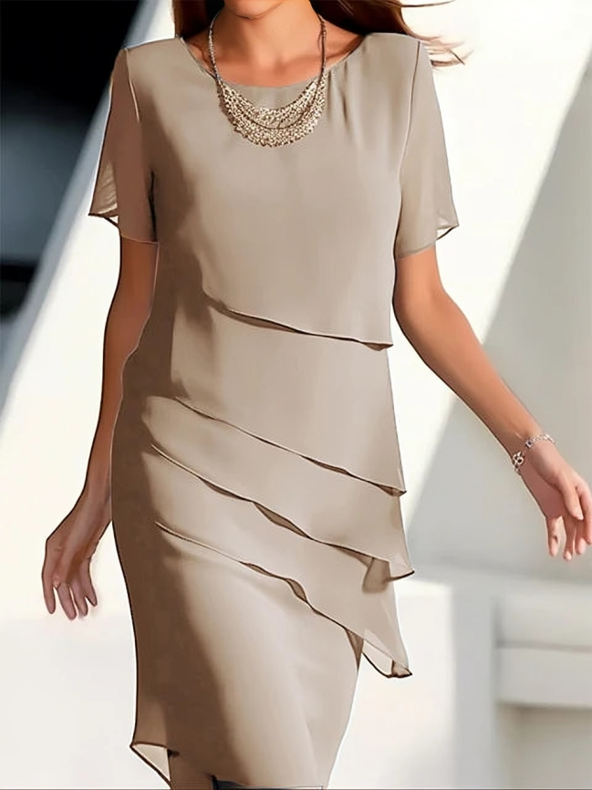 Dames Chiffon Midi Jurk met Korte Mouwen en Ronde Hals | Veelzijdige Elegant voor Elke Gelegenheid - Granily