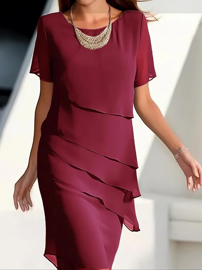 Dames Chiffon Midi Jurk met Korte Mouwen en Ronde Hals | Veelzijdige Elegant voor Elke Gelegenheid - Granily