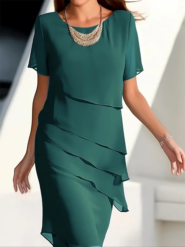 Dames Chiffon Midi Jurk met Korte Mouwen en Ronde Hals | Veelzijdige Elegant voor Elke Gelegenheid - Granily