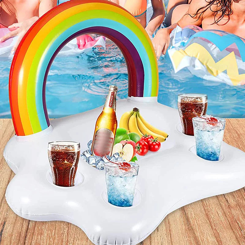 Float | Drijvende Tafel Zomer Feestemmer met Regenboogwolk Bekerhouder | Opblaasbaar Bed Float voor Zwembad | Bierkoeler Bar Strand