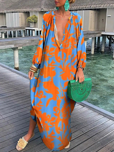 Elegante Lange Maxi Jurk met Lange Mouwen en Diepe V-Hals - Beanitz