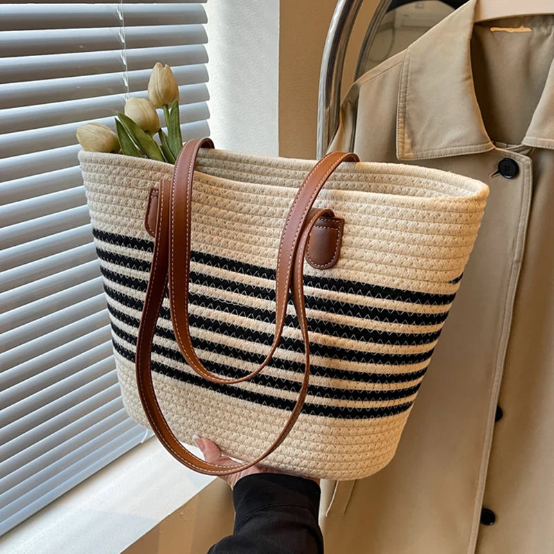 BohoBag - Gestreepte stro draagtas, strandhandtas in Boho-stijl met grote capaciteit