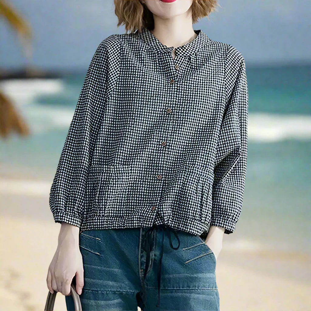Zachte Geruite Katoen-Linnen Blouse | Licht & Ademend Vintage Overhemd - Railish