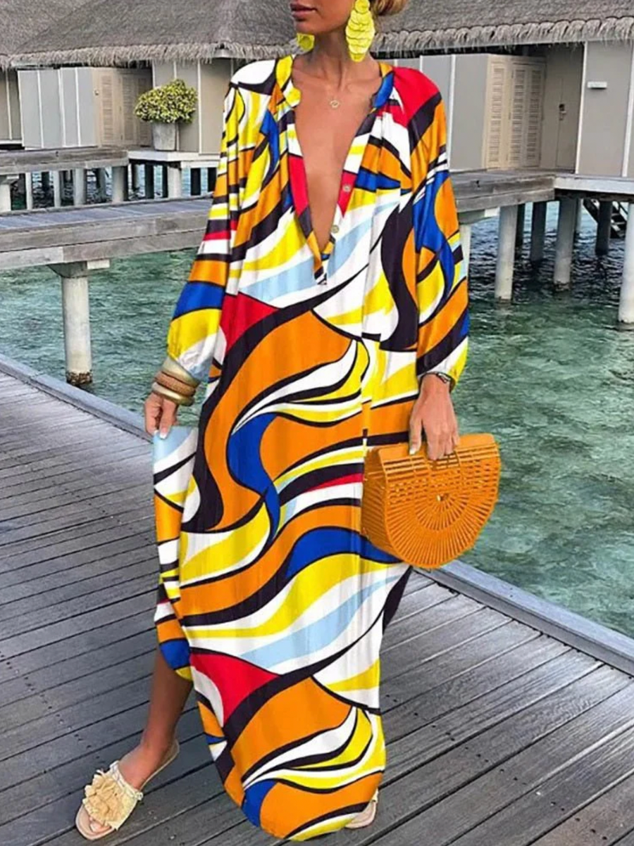 Elegante Lange Maxi Jurk met Lange Mouwen en Diepe V-Hals - Beanitz