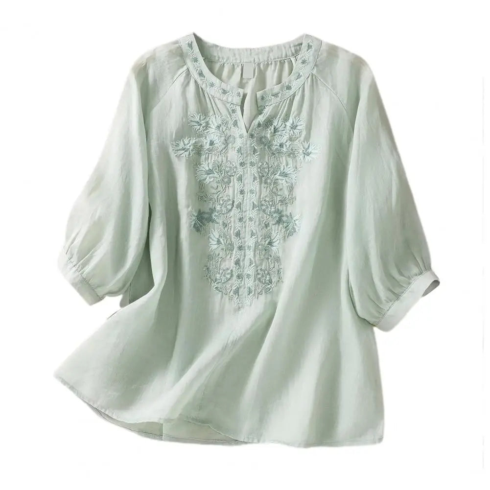 Dames V-hals Katoen-Linnen Blouse met Bloemenborduurse - Melcy