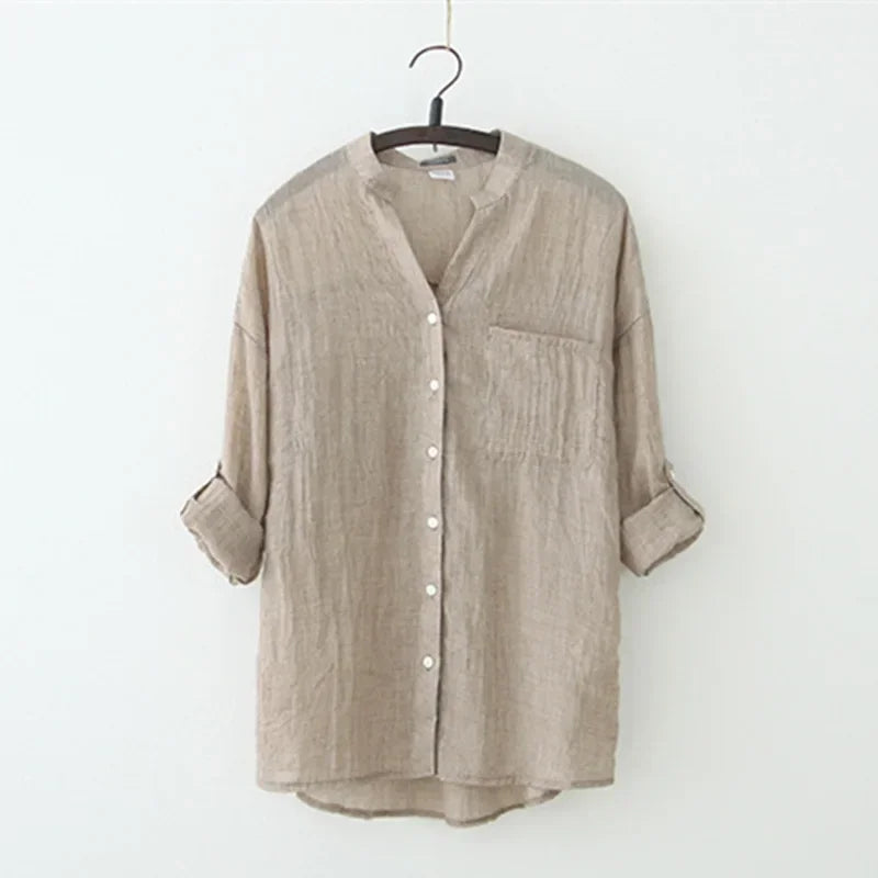 Vintage Knoopsluiting Blouse van Katoen-Linnen | Elegante & Ademend - Giane