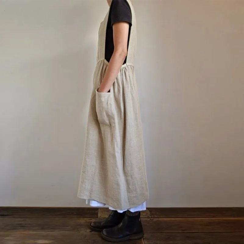 Katoen-Linnen Midi Jurk | Overmaats Schortstijl voor Comfort - Evettia