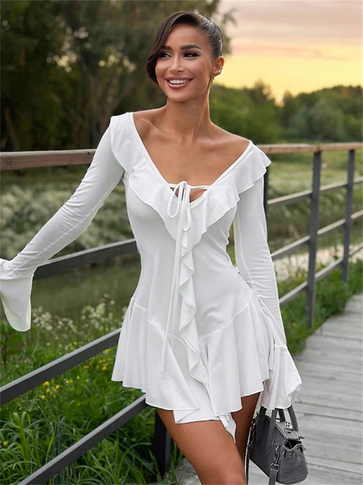 Elegante V-Hals Bandage Mini Ruffle Jurk voor Dames - Joleta