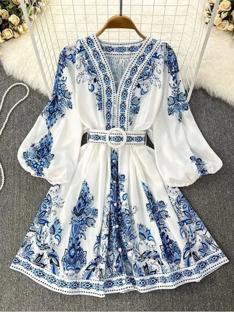 Boho Maxi Jurk voor Dames | Met Lantaarnmouwen, V-Hals en Verstelbare Tailleceintuur - Cazimier
