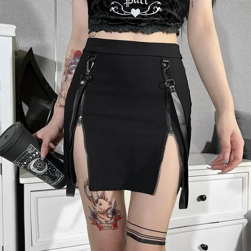 Y2K Gotische Minirok | Straatkleding Rok met Dubbele Rits - Dawne