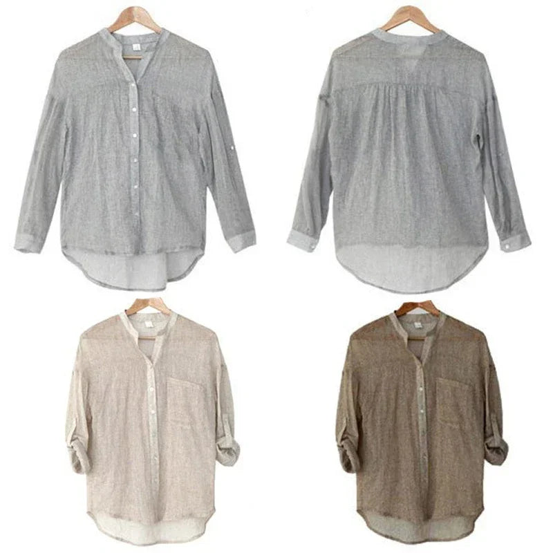 Vintage Knoopsluiting Blouse van Katoen-Linnen | Elegante & Ademend - Giane