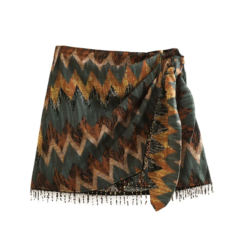 Dames Culotte Kort met Geometrische Afdrukken | Overslagrok met Parelfranje - Niesha
