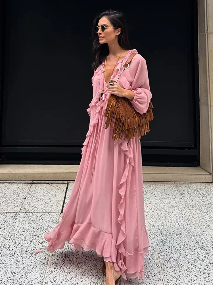 Geplooide Maxi Jurk voor Dames | Lange Mouwen, V-hals & Lichtgewicht Stof voor Lente/Zomer - Dory