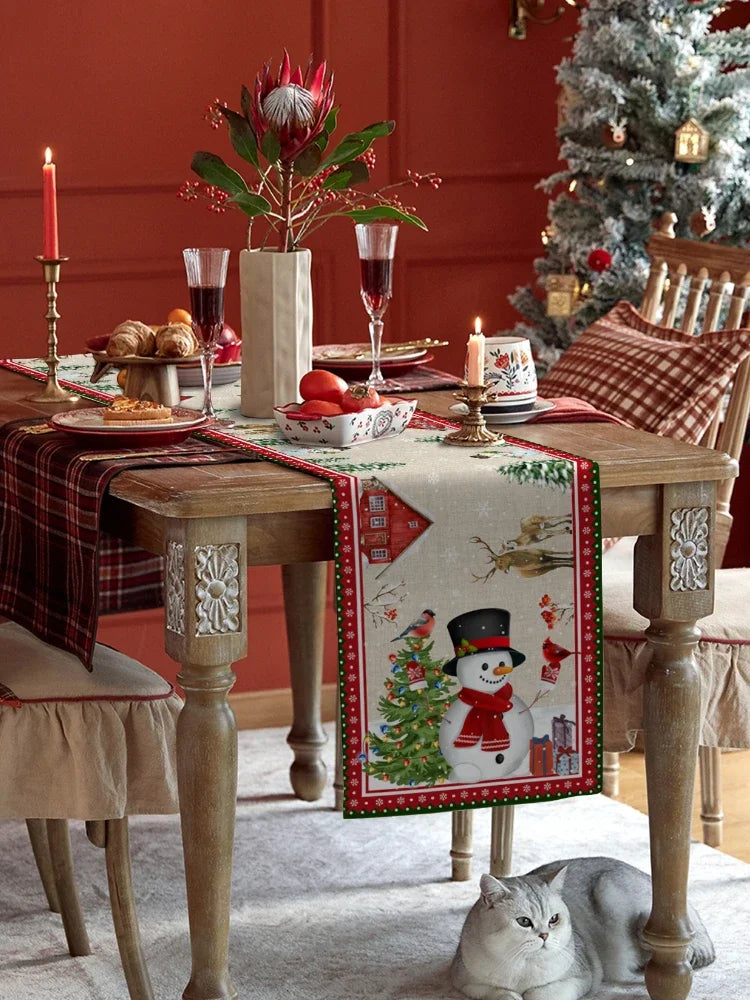 Sneeuwpop en sneeuwvlok tafelloper kerstdecor | Aanpasbaar en feestelijk - Tablener