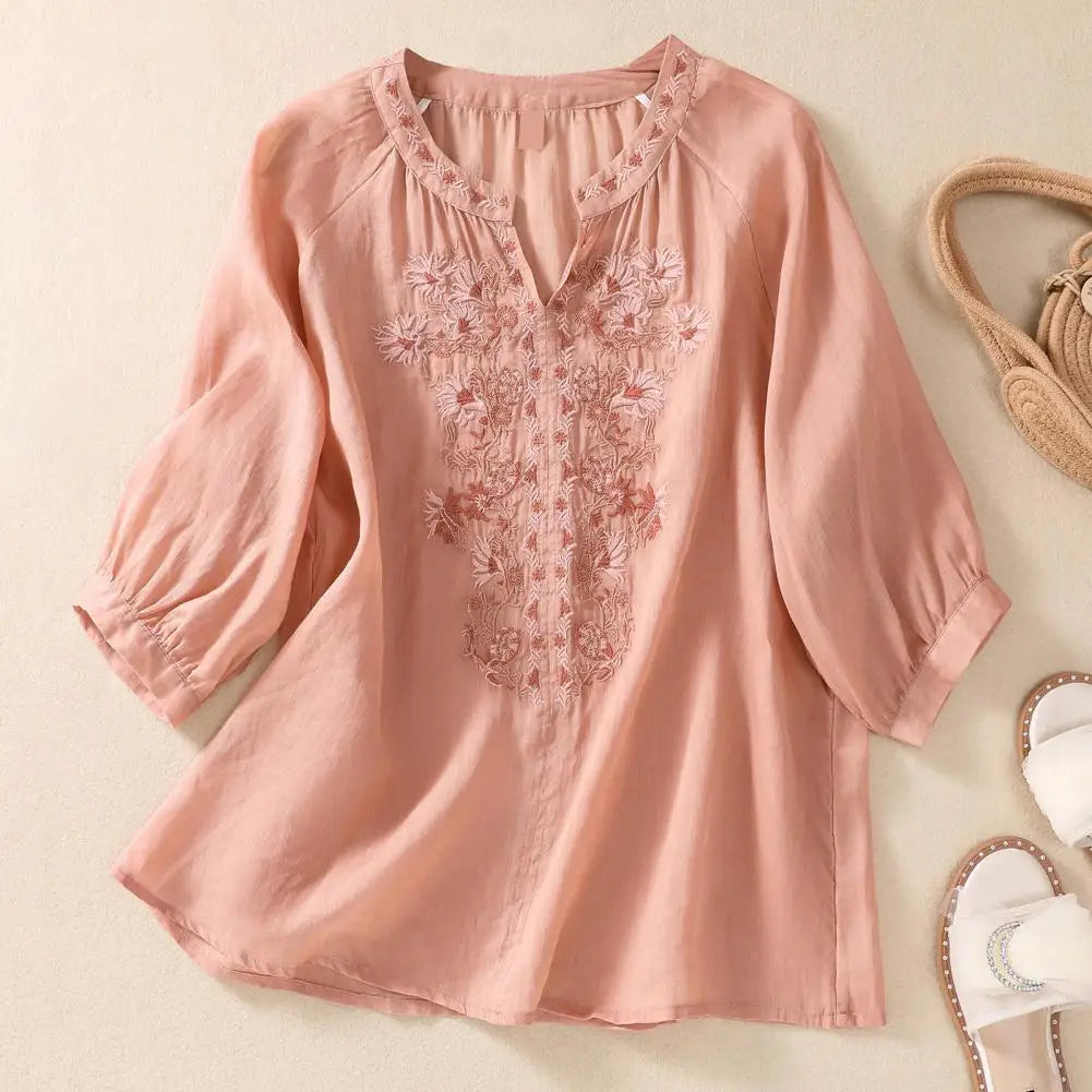 Dames V-hals Katoen-Linnen Blouse met Bloemenborduurse - Melcy