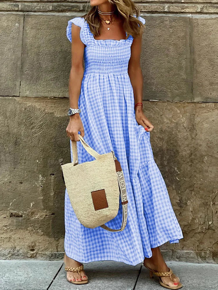 Geruite Rokken Maxi Jurk | Retro Stijl Zomerjurk voor Dames - Agsunta