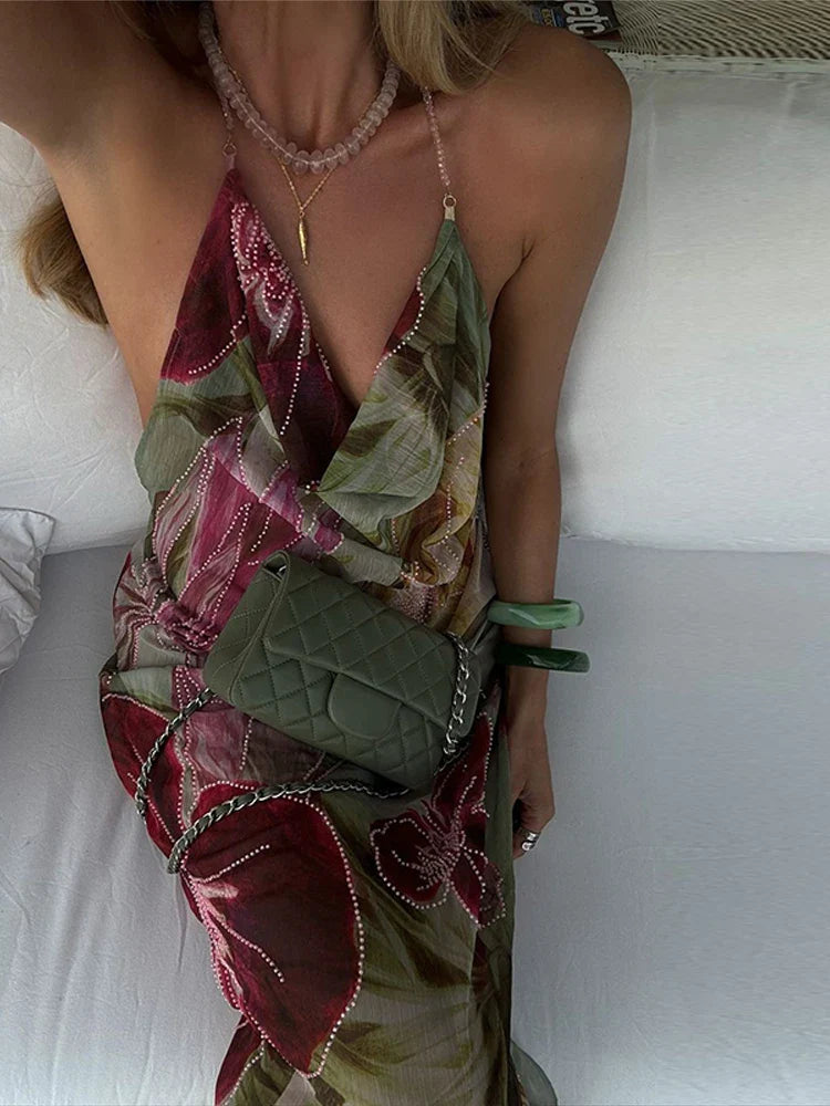 Dames Zomerjurk met Wijnoogst Afdrukken | Maxi Jurk met V-hals en Open Rug - Mouvel
