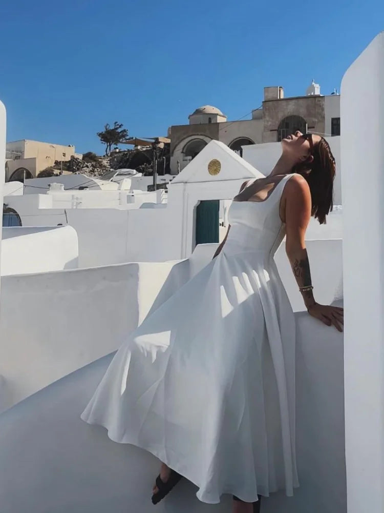 Elegante Dames Zomerjurk met Hoge Taille | Mouwloze A-Lijn Jurk met Vierkante Halslijn - Fan