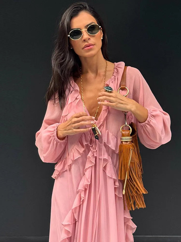 Geplooide Maxi Jurk voor Dames | Lange Mouwen, V-hals & Lichtgewicht Stof voor Lente/Zomer - Dory
