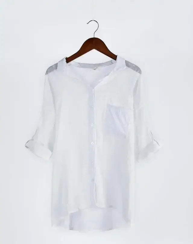 Vintage Knoopsluiting Blouse van Katoen-Linnen | Elegante & Ademend - Giane