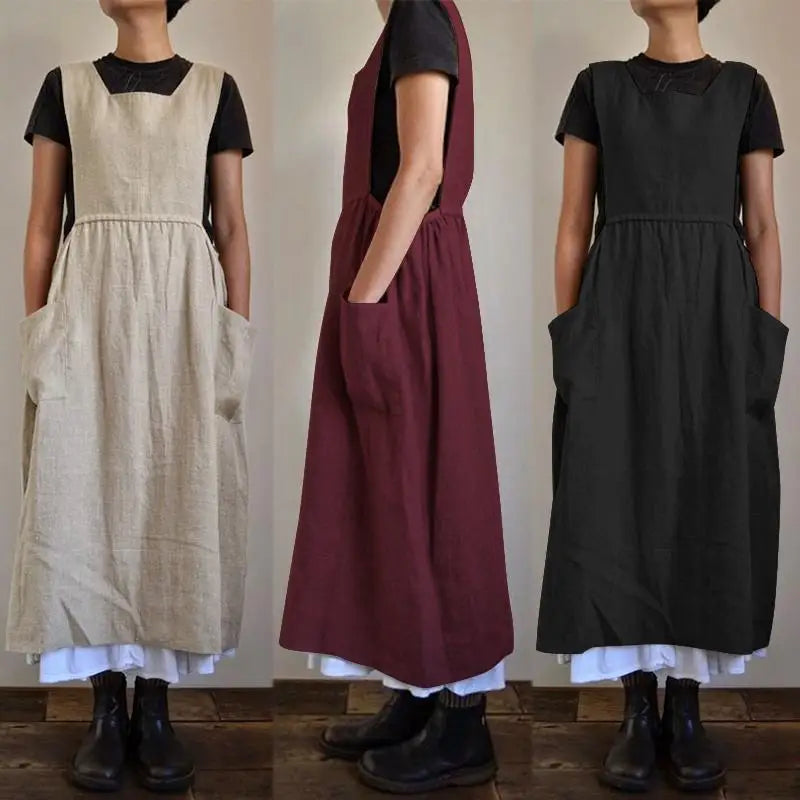 Katoen-Linnen Midi Jurk | Overmaats Schortstijl voor Comfort - Evettia
