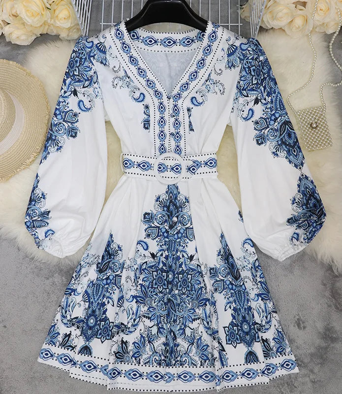 Boho Maxi Jurk voor Dames | Met Lantaarnmouwen, V-Hals en Verstelbare Tailleceintuur - Cazimier