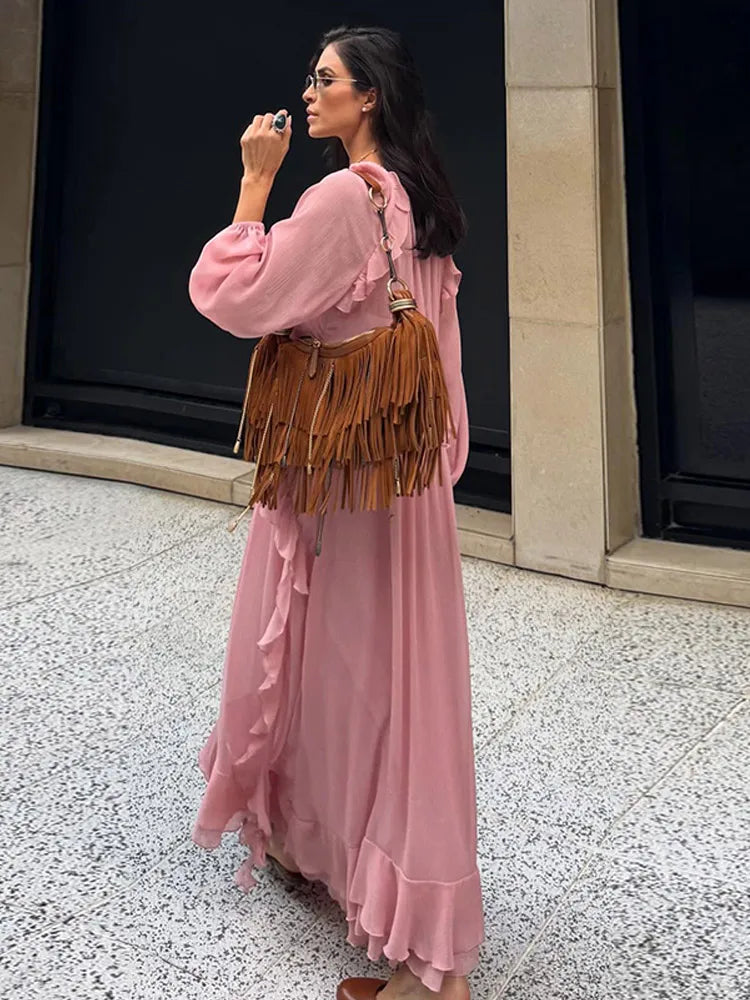 Geplooide Maxi Jurk voor Dames | Lange Mouwen, V-hals & Lichtgewicht Stof voor Lente/Zomer - Dory
