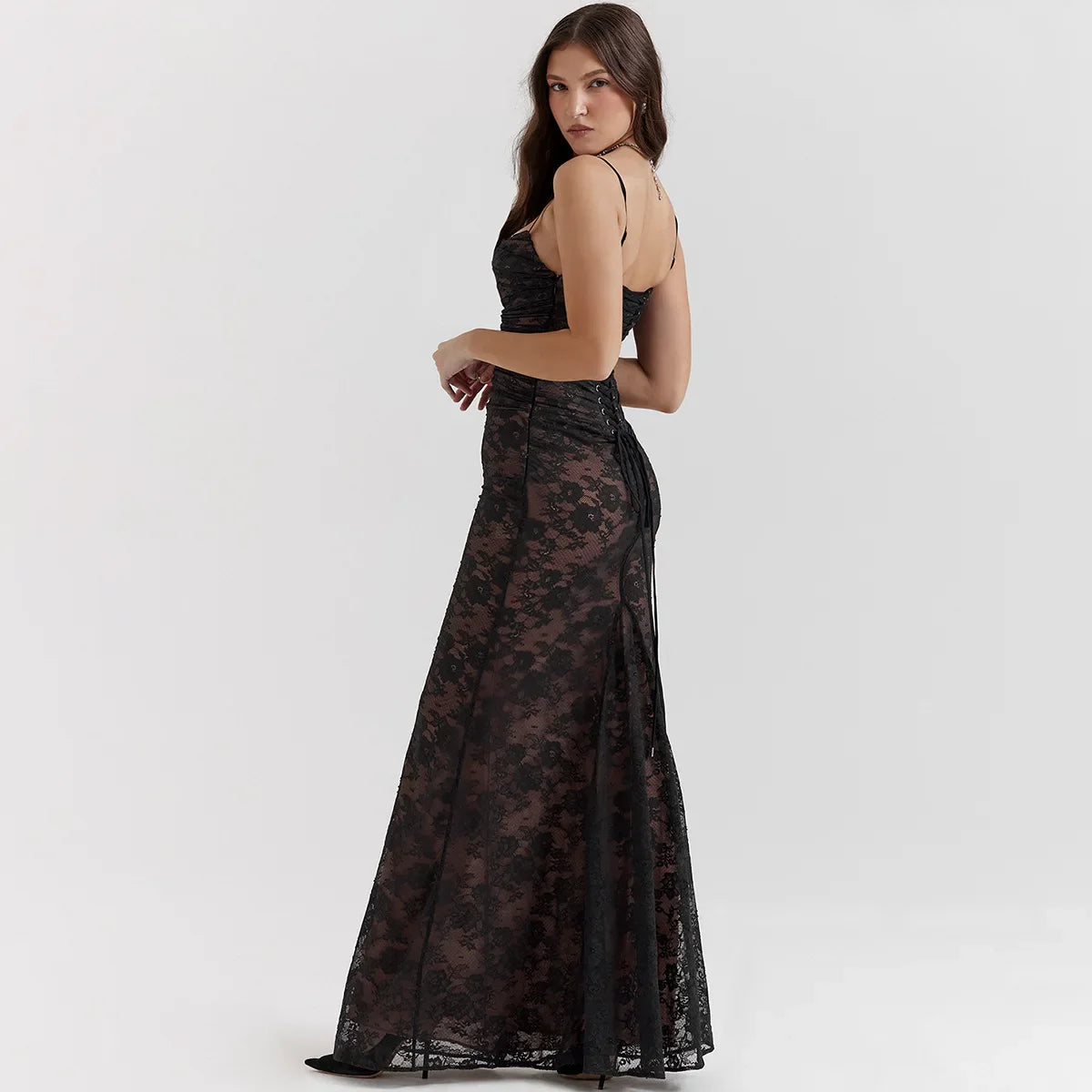 Lange Kant Maxi Party Jurk Set met Lace-Up Top - Sarena