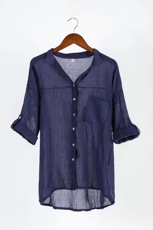 Vintage Knoopsluiting Blouse van Katoen-Linnen | Elegante & Ademend - Giane