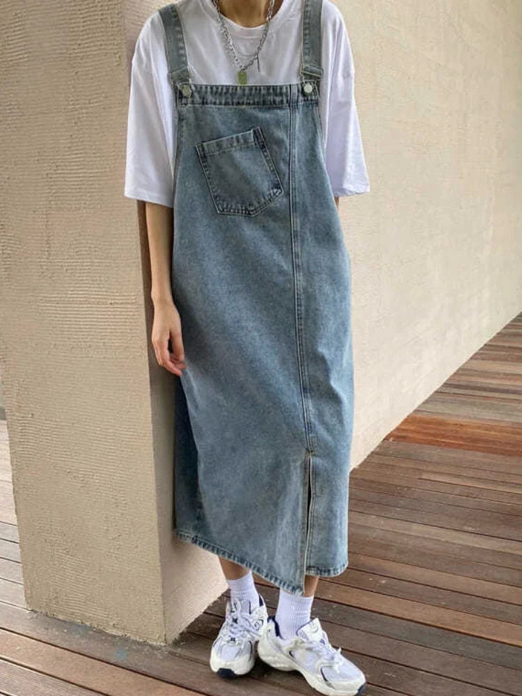 Losvallende Denim Overall-Jurk | Mouwloze Midi-Jurk voor Dames - Mietta