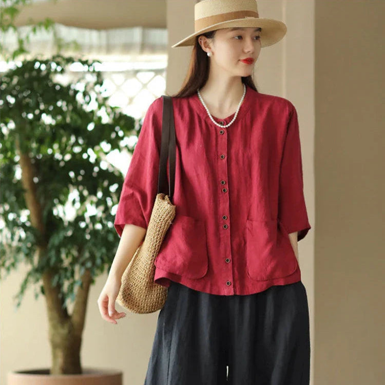 Vintage Katoen-Linnen Blouse voor Dames | Ademend & Elegante Ronde Kraag - Mardala