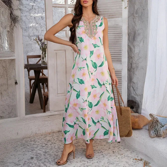 Ronde Hals Maxi Jurk met Print | Vrolijke Boho-Stijl Maxi Jurk voor de Zomer - Clemty