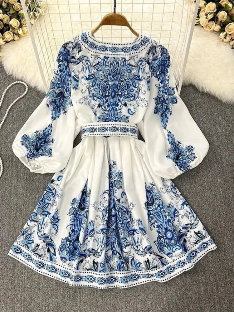 Boho Maxi Jurk voor Dames | Met Lantaarnmouwen, V-Hals en Verstelbare Tailleceintuur - Cazimier