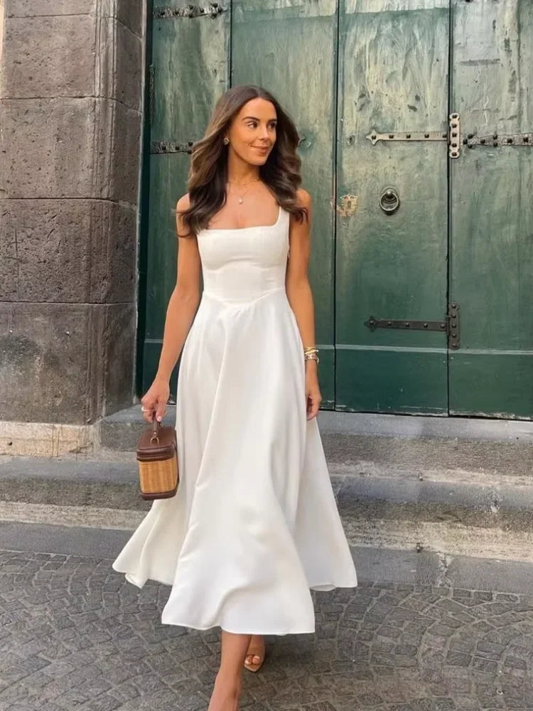 Elegante Dames Zomerjurk met Hoge Taille | Mouwloze A-Lijn Jurk met Vierkante Halslijn - Fan