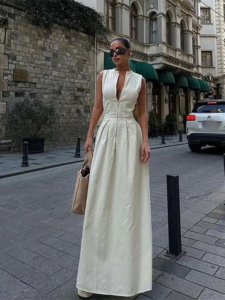 Dames Mouwloze Geplooide Elegante Lange Feestjurk - Sherryl