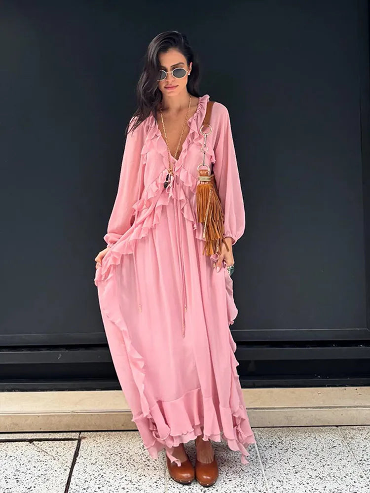 Geplooide Maxi Jurk voor Dames | Lange Mouwen, V-hals & Lichtgewicht Stof voor Lente/Zomer - Dory