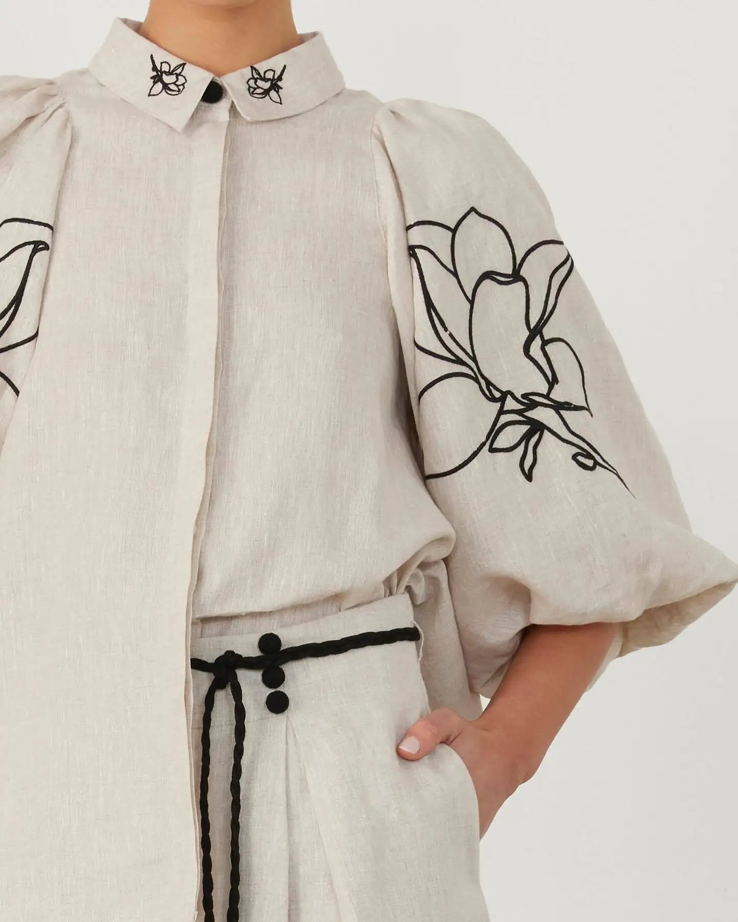 2-Delige Set van Katoen-Linnen | Bedrukte Blouse & Wijde Broek - Rennette